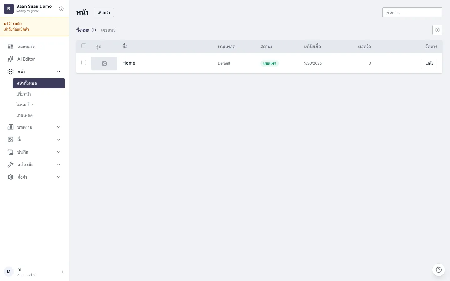 หลังบ้านเปิดหน้ารายการหน้าทั้งหมด มีแถว Home สถานะเผยแพร่และปุ่มแก้ไข